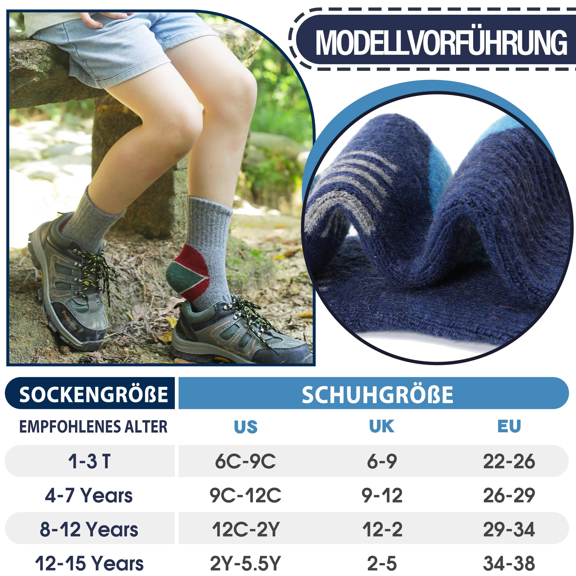 EBMORE Kinder Jungen Mädchen Socken Merino Wandersocken Sportsocken Wollsocken Warme Thermosocken Wintersocken Dicke Weihnachtssocken Geschenke Kindersocken 6 Paar