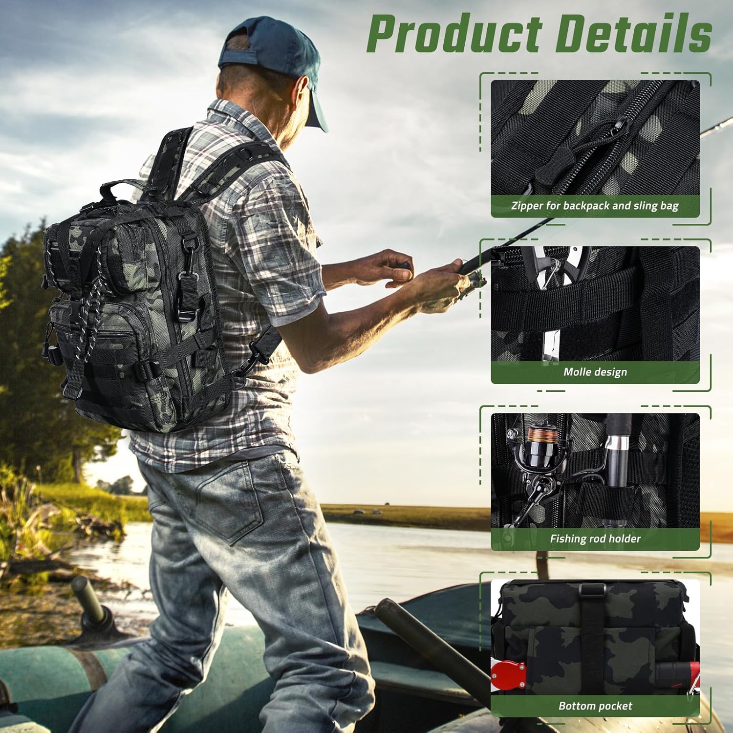 Fishing Tackle Backpack, Military Tactical Backpack Tactical Sling Backpack Bag Fishing Tackle Storage Bag Fish Gear Bag Molle Assault Pack Tactical Hiking Rucksack(Green)