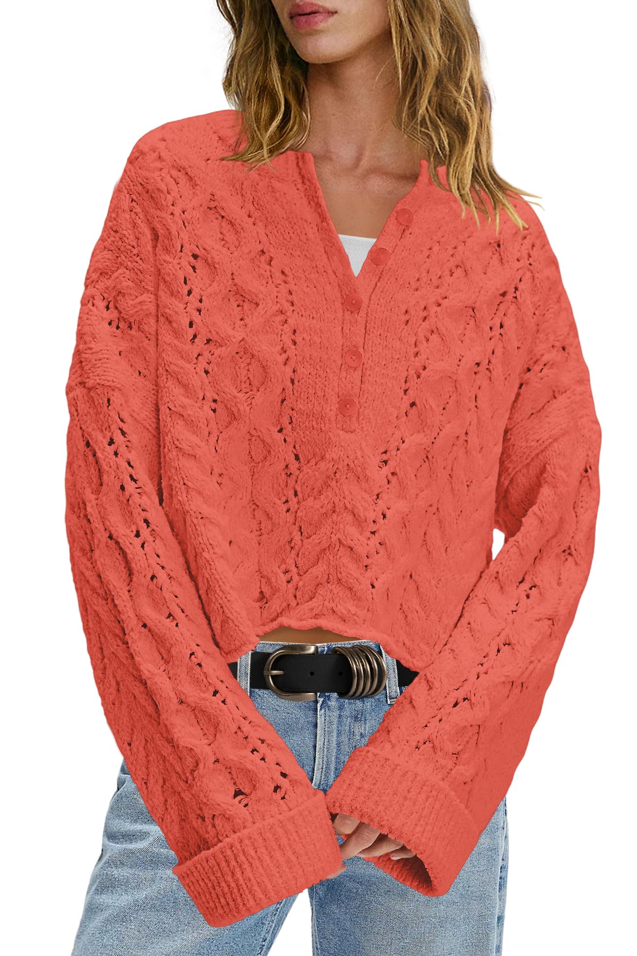 LAMISSCHE Cable Knit Sweater Women Cropped Sweaters Oversized Fall Sweaters Long Sleeve Half Button Down Pullover