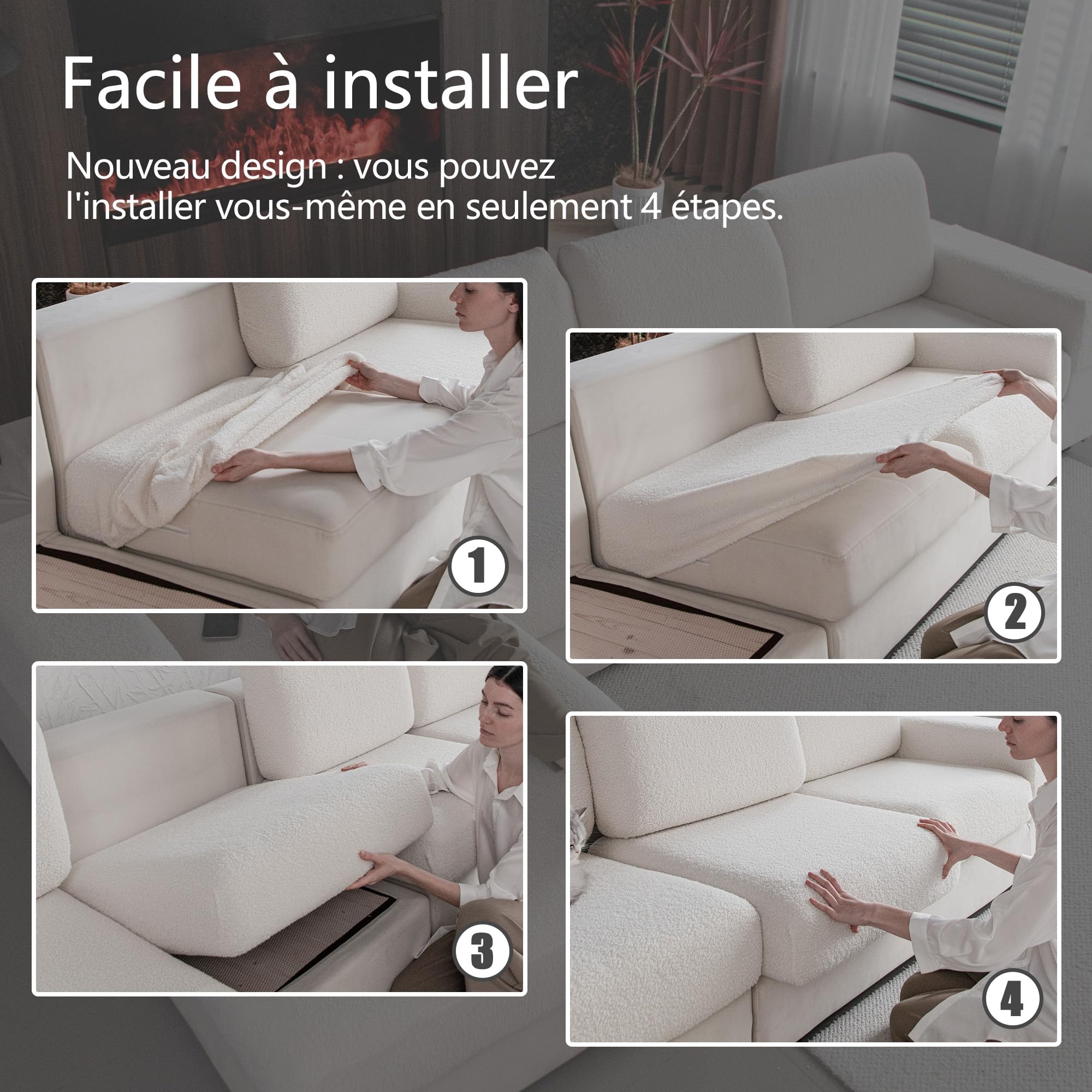 OHSIO Housse de canapé - Haute élasticité et antidérapante - Lavable et adaptée aux Animaux de Compagnie - Résistante - Ivoire - 2 Housses de siège S + 1 Housse de Chaise Longue