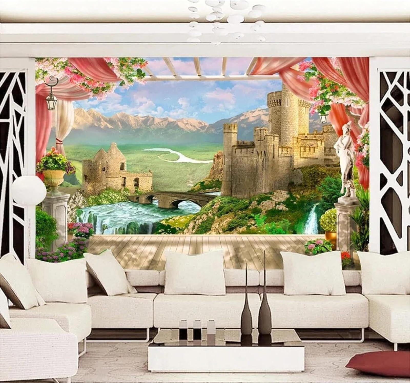 XLMING Beautiful Castle Garden Mountain Flowers 3D Wallpaper Silky Texture Home Study Office Grey Dining Room Sofa Bedroom Living Room TV Backdrop-350cm×256cm