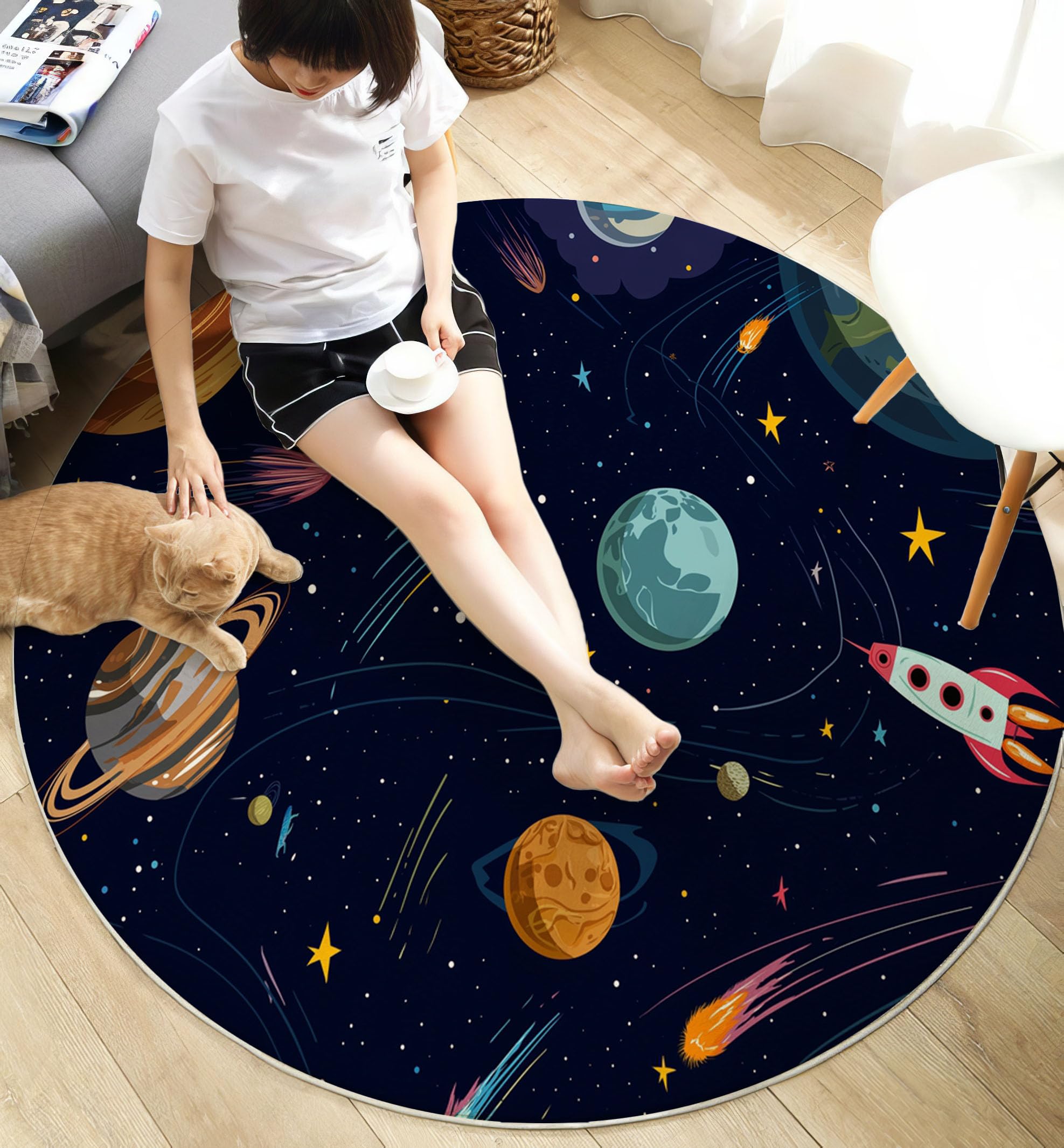 Cartoon-Weltraum-Hintergrund Maschinenwaschbarer Runder Teppich–Weich Pflegeleicht Mit Planet Raketenmuster Print-Muster, Anti-Rutsch Teppich Für Wohnzimmer Und Küche,100Cm,Dunkelblau