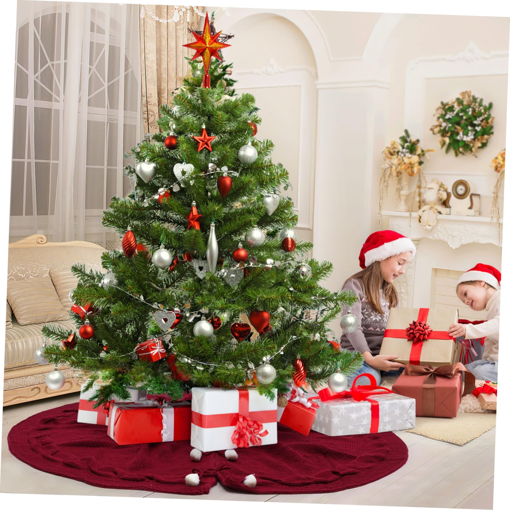 Abaodam Schürze zum Abdecken 120cm Weihnachtsbaum aus Vliesstoff in Rot mit Kreativer Funktion für Festliche in Hotels und Zählern