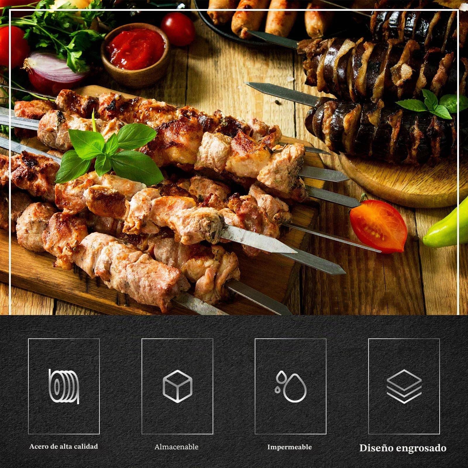 8 Piezas Brochetas Barbacoa Planas de Acero Inoxidable 55 cm Brochetas Extralargas con Mango de Madera Brochetas de Barbacoa Reutilizables Pinchos de Metal