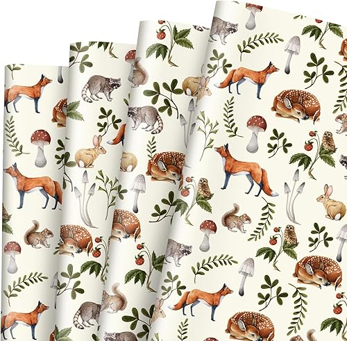 AnyDesign - Papel de regalo de bosque, no se enrolla, 28 x 40 pulgadas, papel de regalo de plantas de animales del bosque vintage, papel de arte de