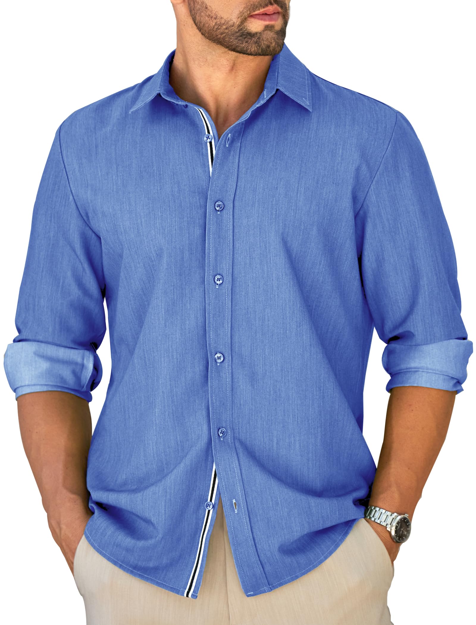 MAPICK Mens Casual Button Down Denim Shirts Long Sleeve Untucked Stretch Wrinkle-Free Dress Shirt