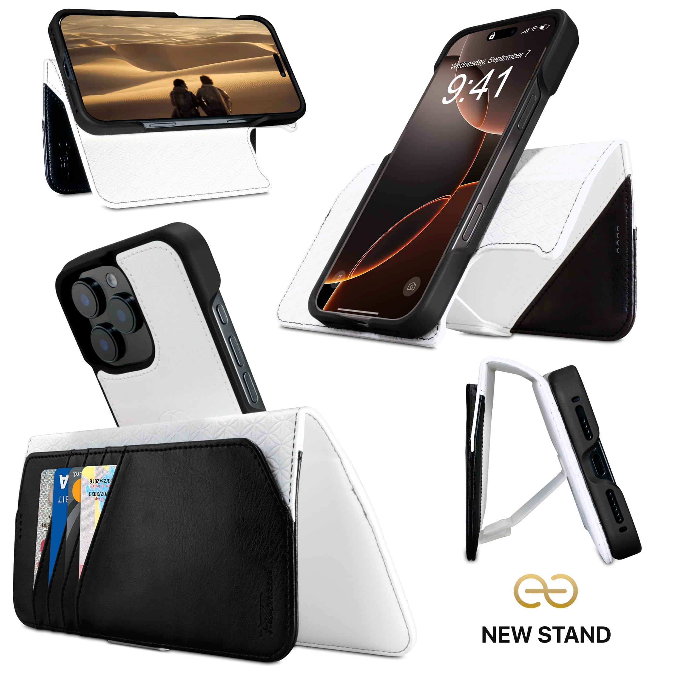Dreem Etui do iPhone'a 16 Pro Max, rewolucyjny stojak na telefon, wegańska skóra, magSafe-Fit, magnetyczne odpinane etui z klapką, uchwyt na kartę blokującą RFID, pudełko prezentowe [Fibonacci: biały