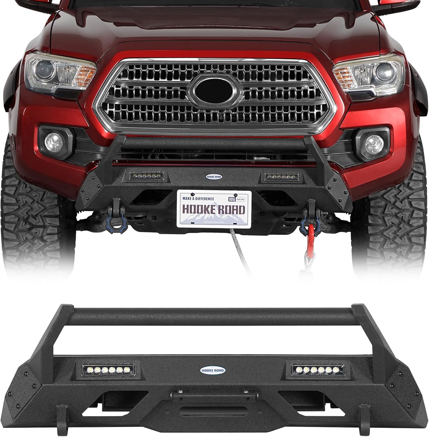 Hooke Road Tacoma Steel Front Bumper for 2016-2023 Toyota Tacoma 3rd Gen Pickup Truck, Stubby Off-Road Bumper with Winch Plate, Bull Bar & 2×18W LED Spotlights