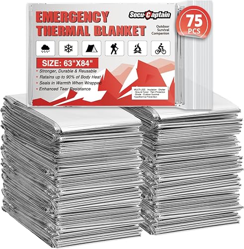 SecuCaptain Survival Emergency Thermal Blankets: Extra Large 84” x63” e Mylar Blanket Kit for Outdoor Cold Winter Camping Hiking Car Bug Out Bag or First Aid - 75 Pack