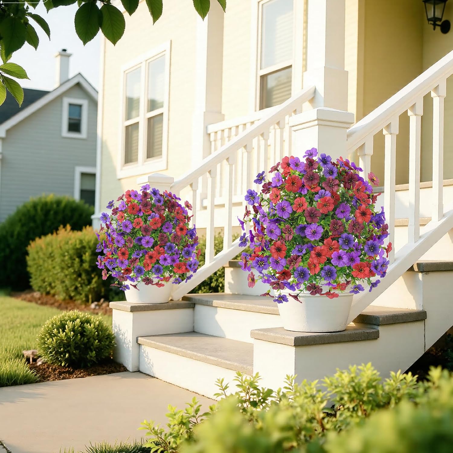 Alupssuc 2Pcs 20" Artificial Topiary Ball Flowers, Spring Outdoor Decoration with Spike, UV Resistant Faux Summer Plants, Faux Bushes Plants, Red Brown Purple Deep Purple for Garden, Porch Decor