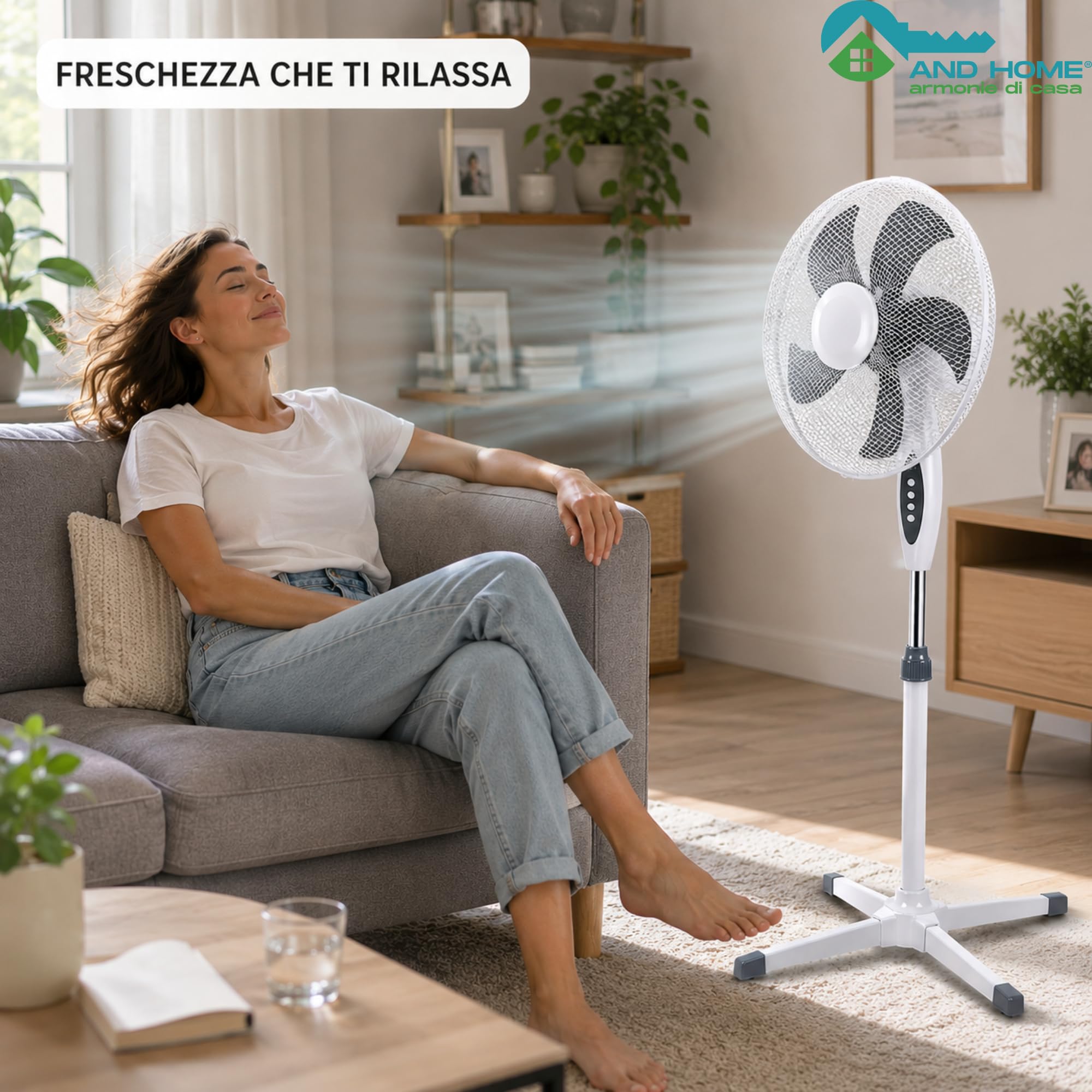 Ventilatore a Piantana Ø 40 cm BIANCO - FACILE MONTAGGIO - 50 W - 3 Velocità - STABILE e SILENZIOSO - Oscillazione Orizzontale - Altezza Regolabile 103-130 cm - Testa Inclinabile - Base a Croce