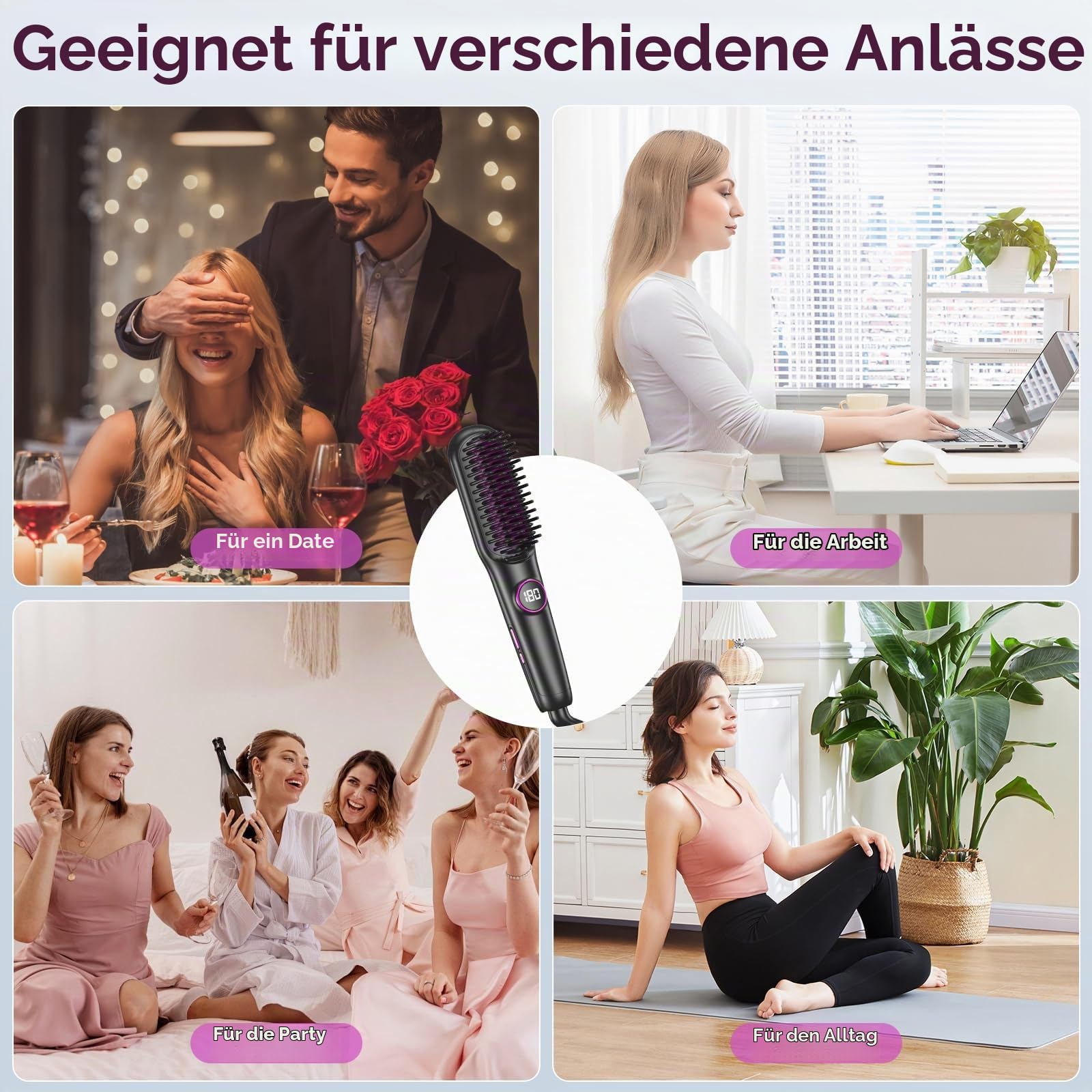 Glättbürste Keramik, Professioneller Glätteisen & Haarbürste, Haarglätter Bürste 9 Temperaturen, Ionen Haarglätterbürste, Schnelles Aufheizen, 140-220℃, LCD-Display, Anti-Verbrühungs