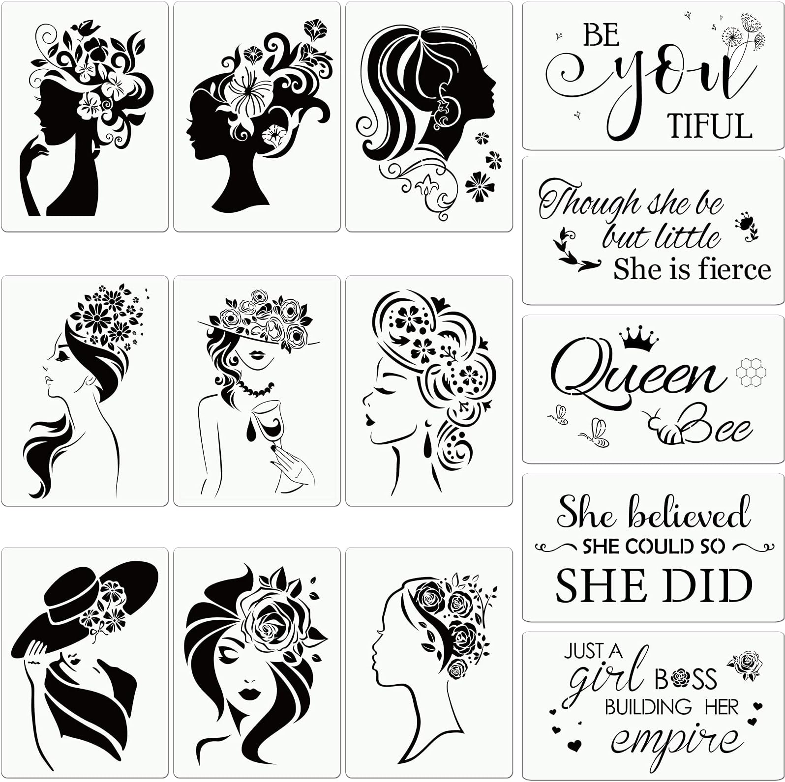 Censen 14 Pcs Painting Stencils Canvas Stencils Reusable Women Face Painting Stencil on Canvas Art Stencil Paper Inspirational Quote Craft Template on Wood Paper Home Tile Wall