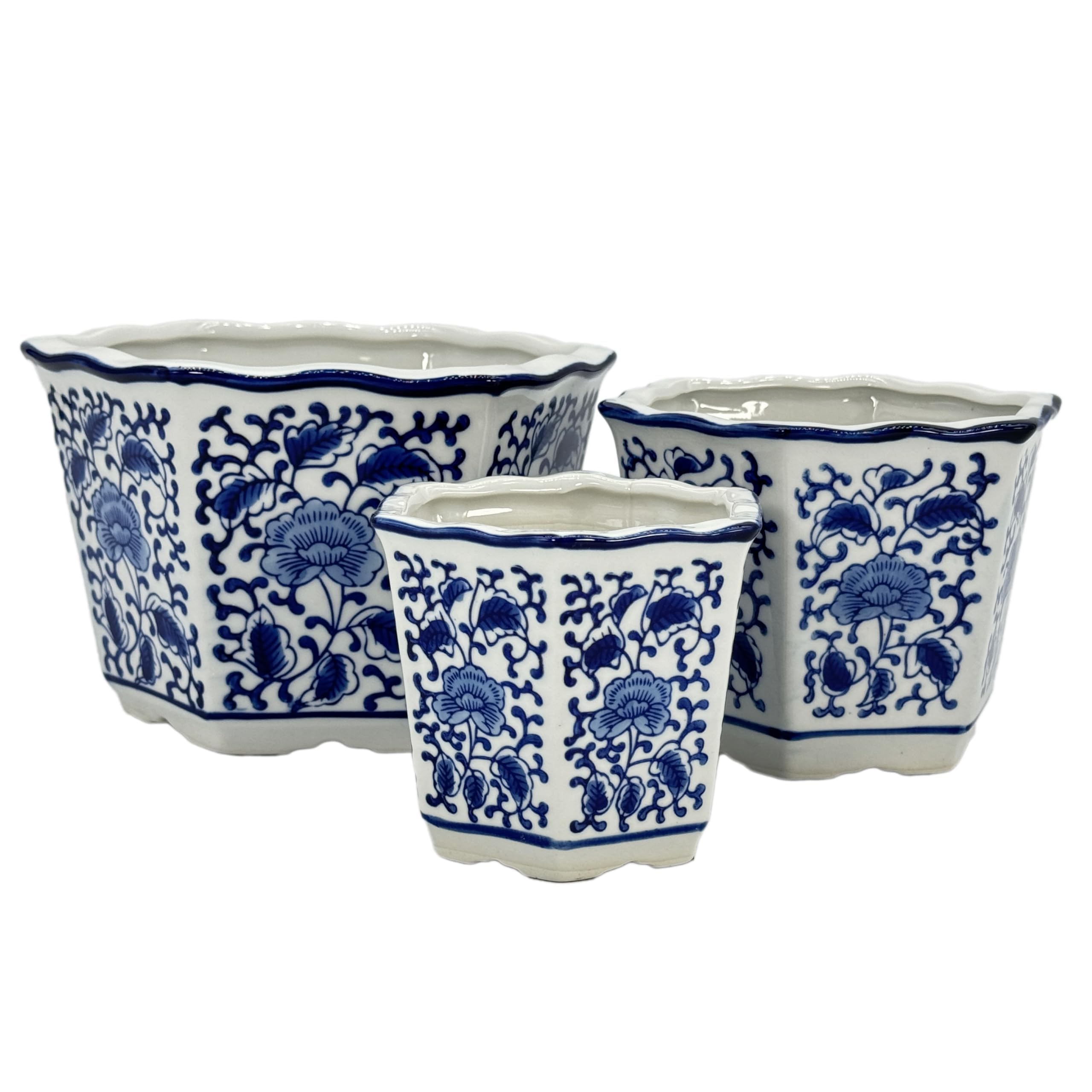 Galt International Blue & White Floral Porcelain Ceramic Decorative Flower Pot 8"/6"/4.5" Garden Pots Chinese Asian Design - Set of 3 Hexagonal