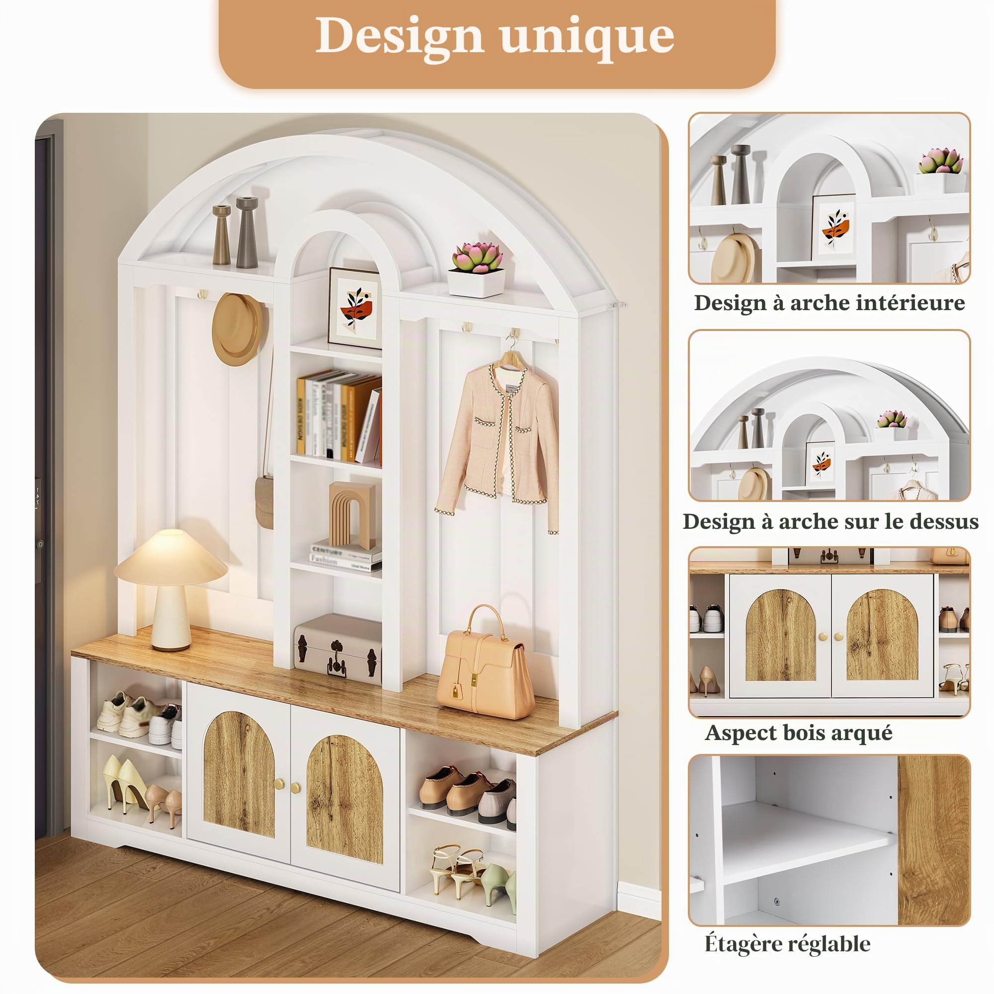 Merax Armoire multifonctionnelle pour entrée avec étagère à chaussures, tablettes et crochets, moderne placard avec design incurvé, double porte de rangement et étagère ouverte, blanc
