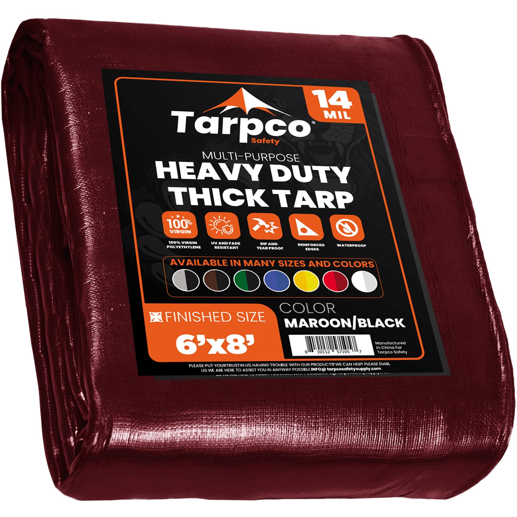 Extra Heavy Duty 14 Mil Tarp Cover, Waterproof, UV Resistant, Rip and Tear Proof, Poly Tarpaulin with Reinforced Edges for Roof, Camping, Patio, Pool, Boat (Maroon/Black 6′ X 8′)