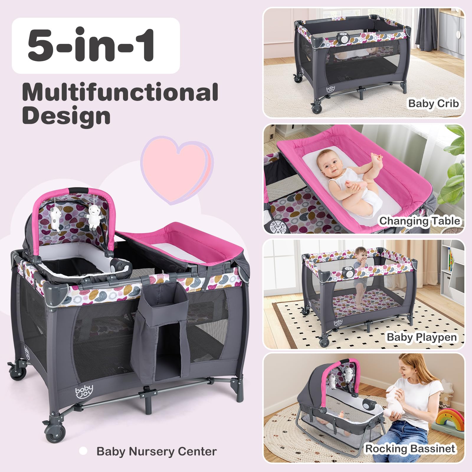BABY JOY 5 in 1 Pack and Play, Portable Baby Playard w/Bassinet & Diaper Changing Table, Infant Nursery Center Pink Bassinet with Toys & Music & Oxford Bag for Baby Girl Toddlers (Rose, Dot Circle)