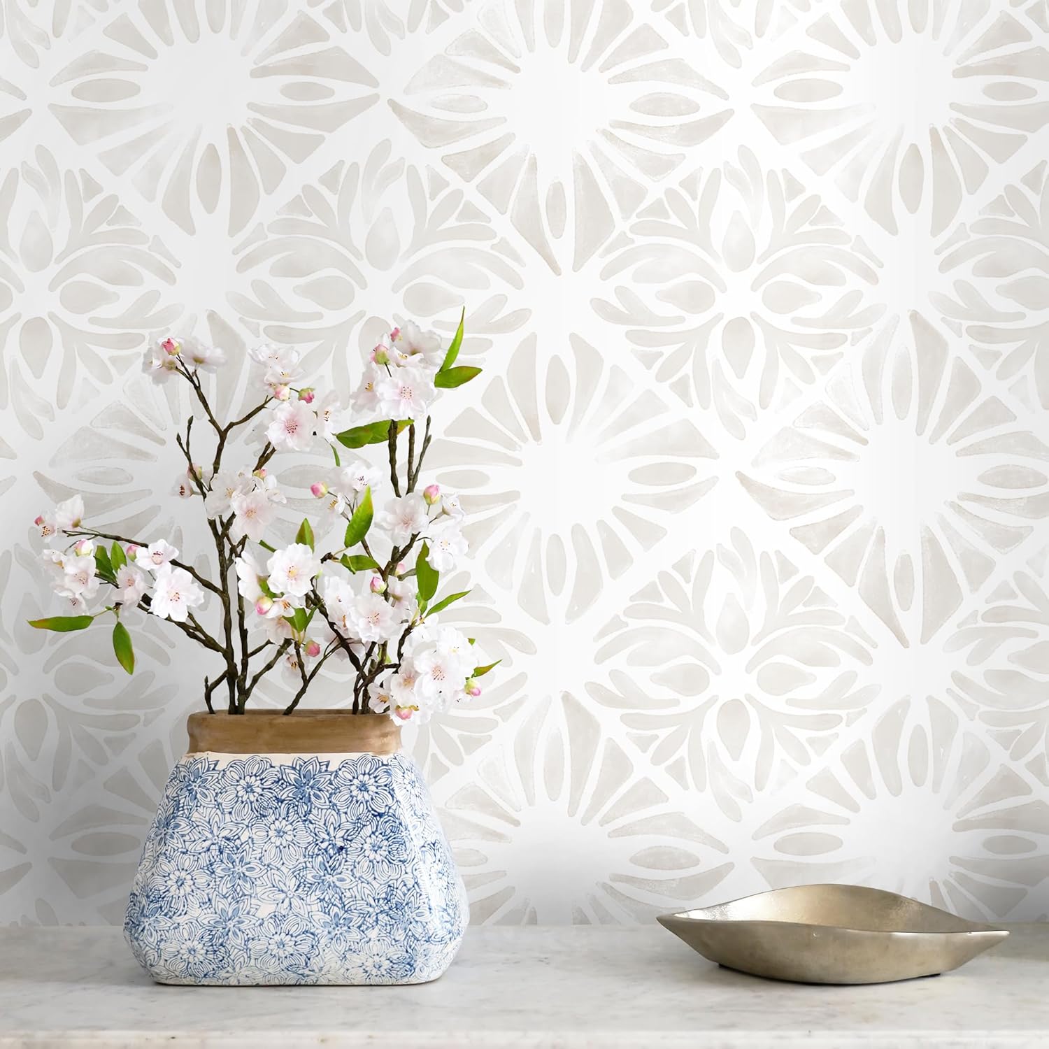 Geometric Peel and Stick Wallpaper Boho 393 "x17.3 White and Gray Wallpaper White Contact Paper Removable Wall Paper for Bedroom Waterproof Removable Shelf Liner Decal Vinyl Roll 17.3" x 393" White && Gray