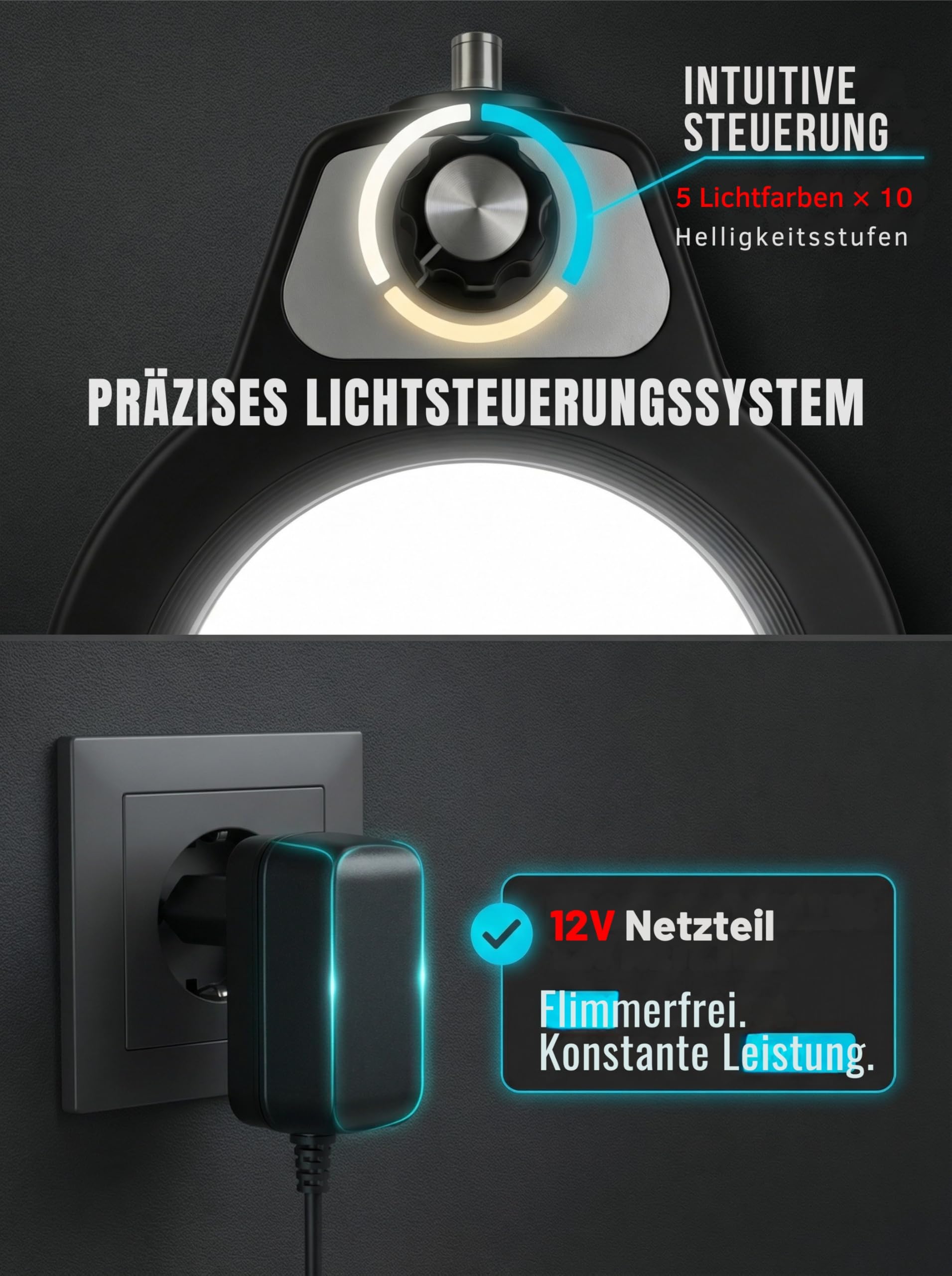 LED-Lupenleuchte Arbeitsplatzlampe Große 125-mm-Lupe | Optische Güteklasse 5 Dioptrien, Extra langer Schwenkarm bis 100 cm, 5 Lichtfarben & Dimmer, 6,4 cm Klemme, 12 V Netzteil