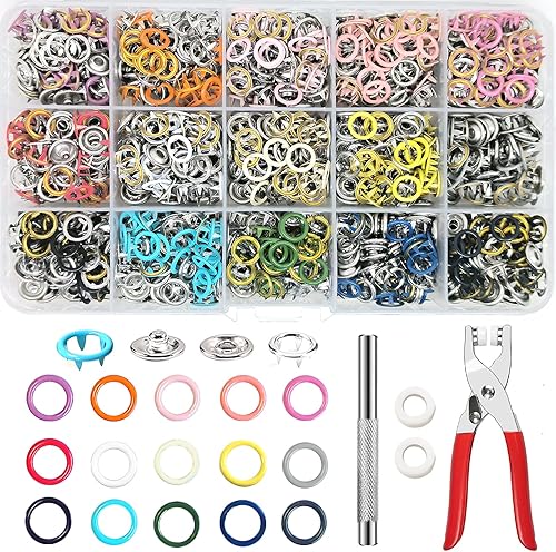 Miniatura 1 de LIDA ORO Kit de botones a presión, 1200 broches de metal con herramienta de cierre a presión para ropa, manualidades, cuero, costura (15 colores,