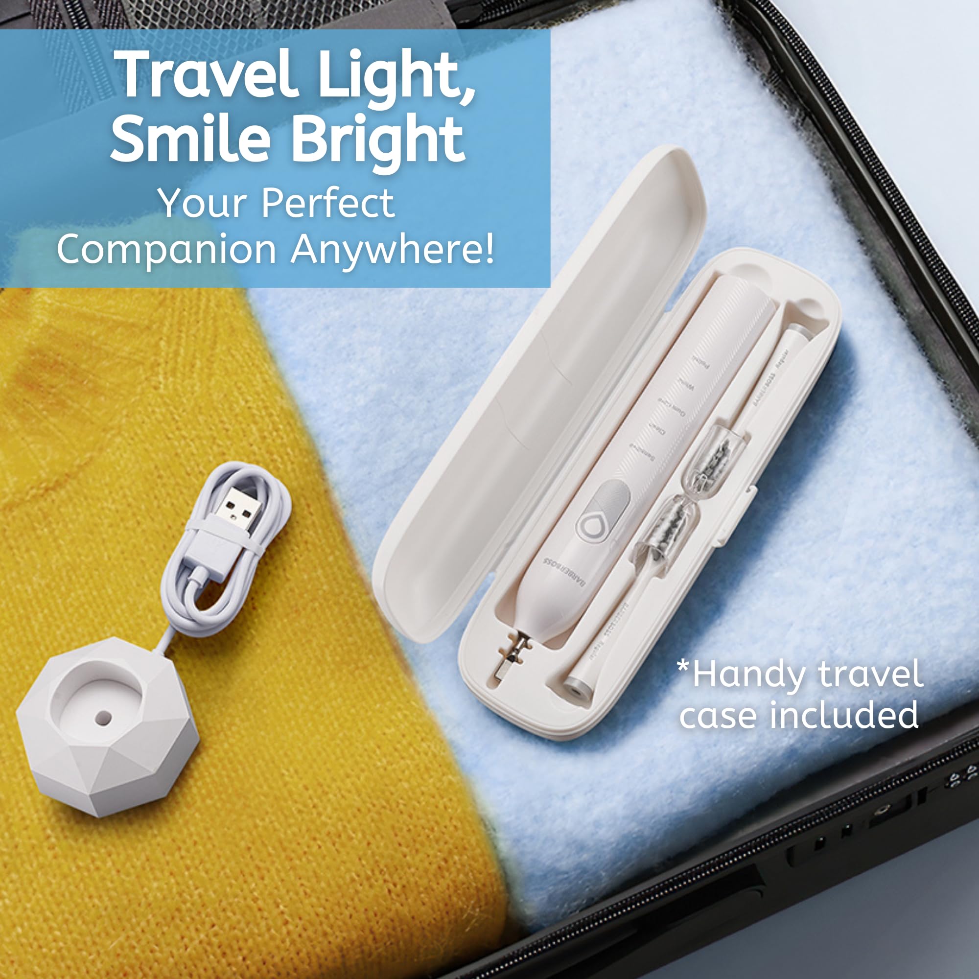 BarberBoss Cepillo de dientes eléctrico sónico, cepillo dientes para adultos con 5 modos, 3 cabezales de repuesto, sensor de presión, cepillo de dientes para blanquear, eliminar placa,QR-7536(blanco)