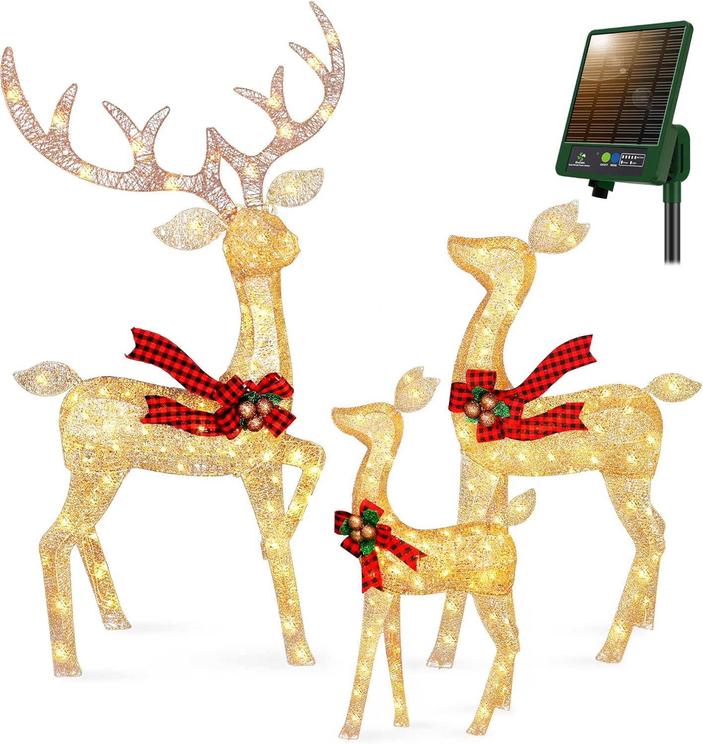 Reindeer Christmas Decor [Solar Powered], Christmas Deer Outdoor Decorations 3D Yard Decoration, Light Up Deer Family Set with 210 LED Lights (Gold)