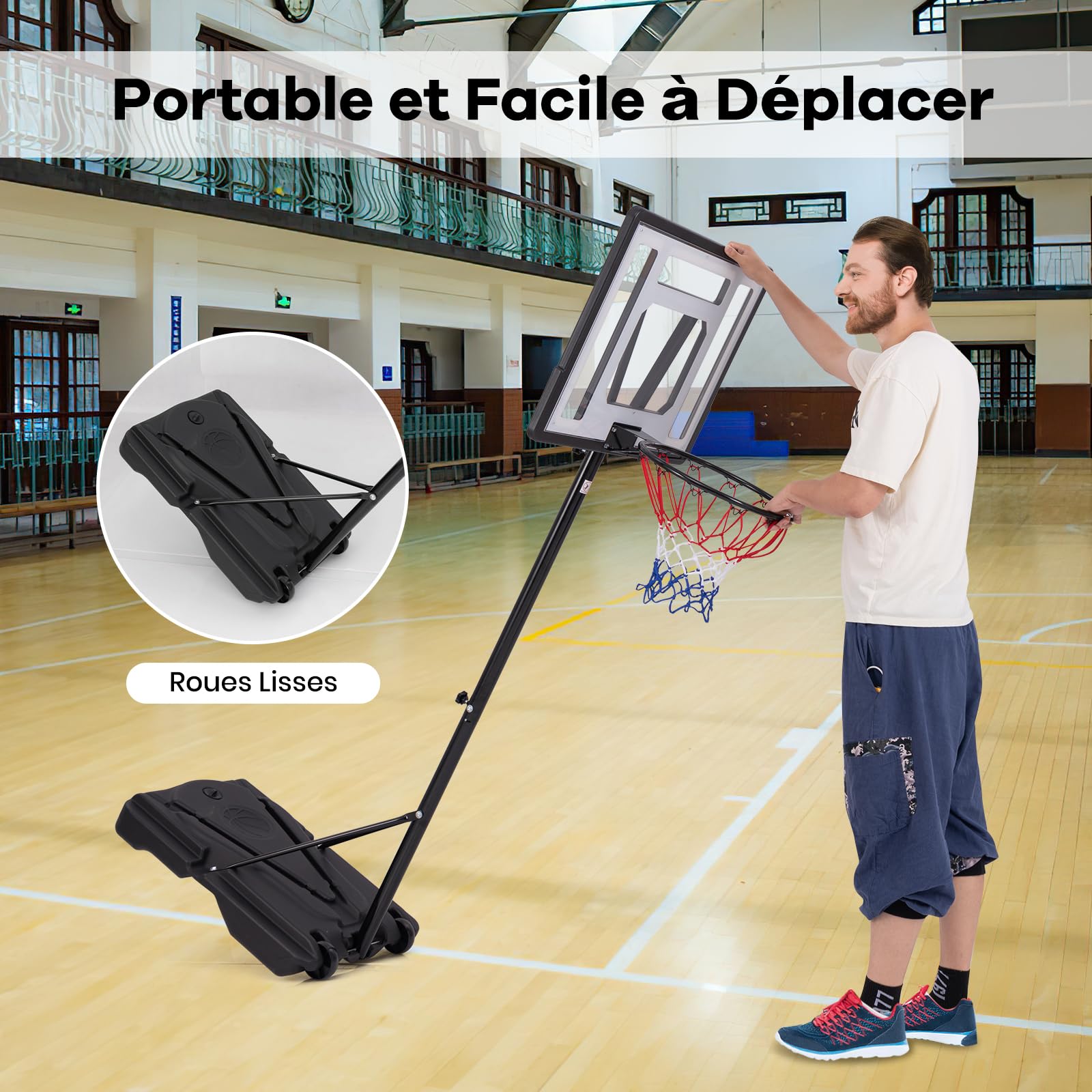 GYMAX Panier de Basket Extérieur, Réglable en Hauteur 172-305cm, avec Panneau Incassable, Base Stable et Remplissable, Roues Intégrées, pour Intérieur et Extérieur, pour Enfants, Adolescents, Adultes