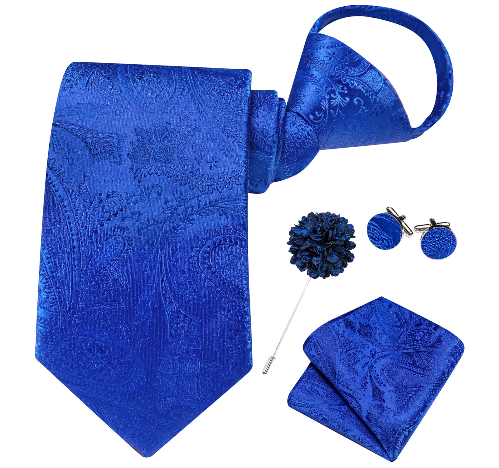 Hi-Tie Zipper Ties for Men Pre-tied Tie Set Lapel Pin Pocket Square and Cufflinks Formal Business Wedding Adjustable Necktie