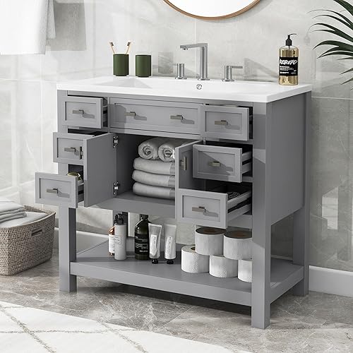 Harper & Bright Designs Mueble de baño de 36 pulgadas con lavabo, juego de tocador individual independiente con 2 puertas de cierre suave y 6