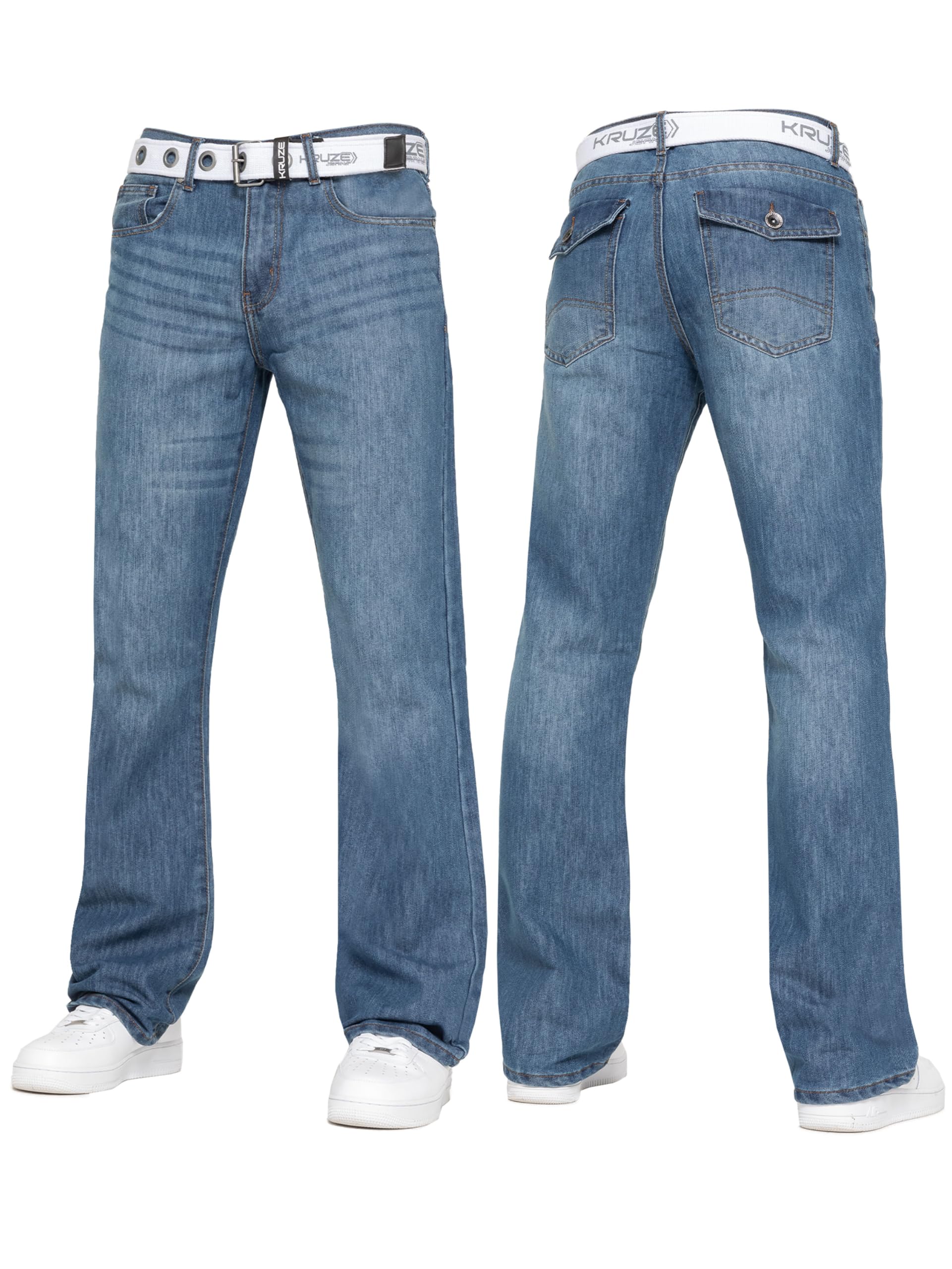 BRAND KRUZE Mens Bootcut Jeans Casual Flared Wide Leg Free Belt Stylish Fashion Denim Trouser Pants KZ115 Blue 38W / 32L