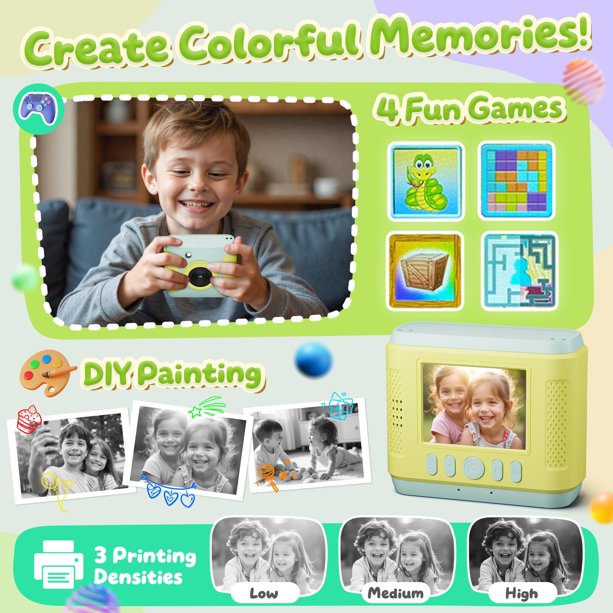 CalineGam Macchina Fotografica Bambini Istantanea, HD 1080P Fotocamera Istantanea per Bambini con Scheda 32G e Carta Fotografica, Regalo per Ragazze Ragazzi da 3-12 Anni (Verde)
