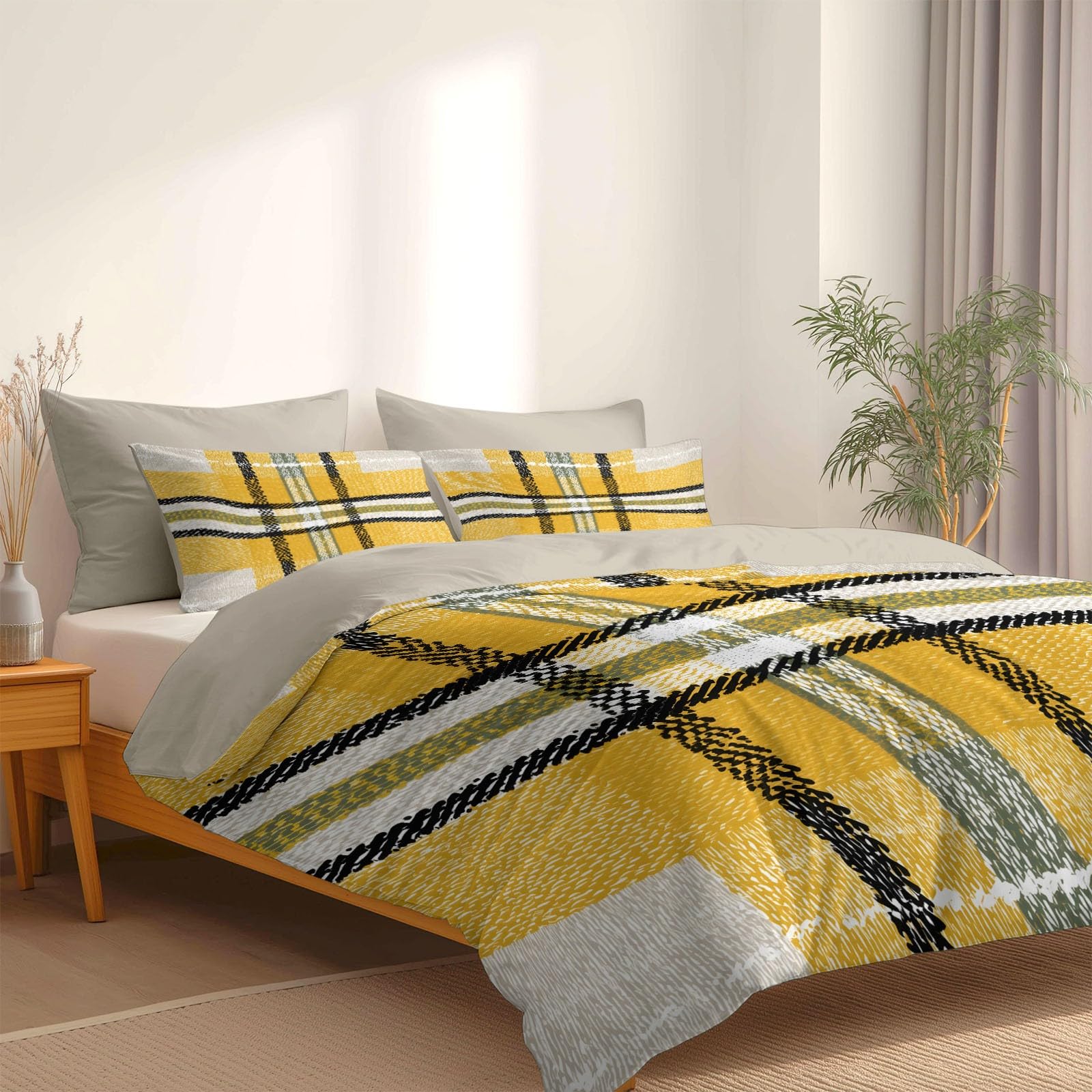 Boho Texturen 3-teiliges Bettwäsche-Set, Grau 1 Bettbezug 240 x 220 cm und 2 Kissenbezüge 80 x 80 cm, Traditionelle geometrische NähteWeiche Mikrofaser, Reißverschluss, Ganzjahres