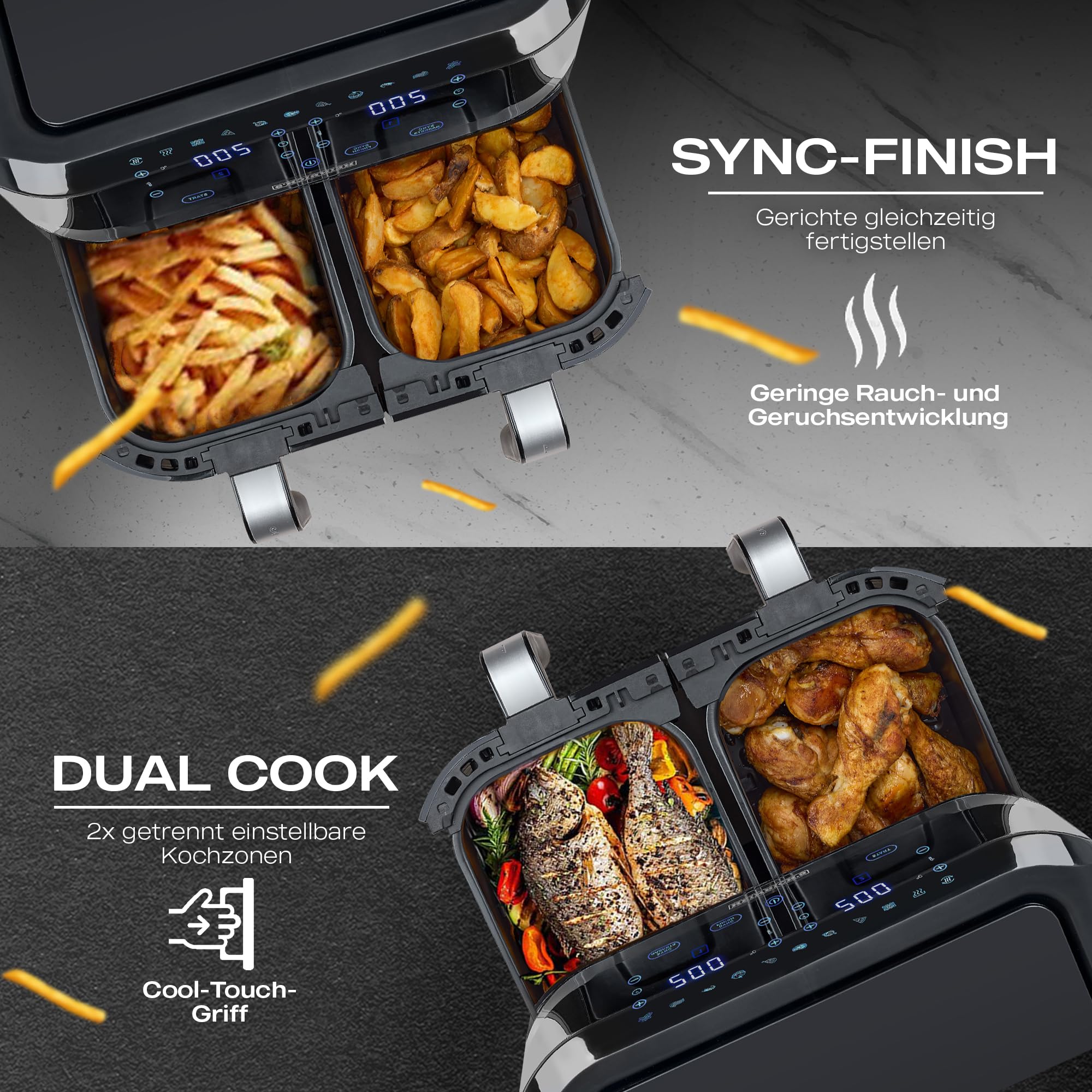 HEINRICHS frytkownica na gorące powietrze, podwójna frytkownica na gorące powietrze, XXL Air Fryer, frytkownica na gorące powietrze z podwójną komorą, 9 programów, wyświetlacz LED z obsługą dotykową,