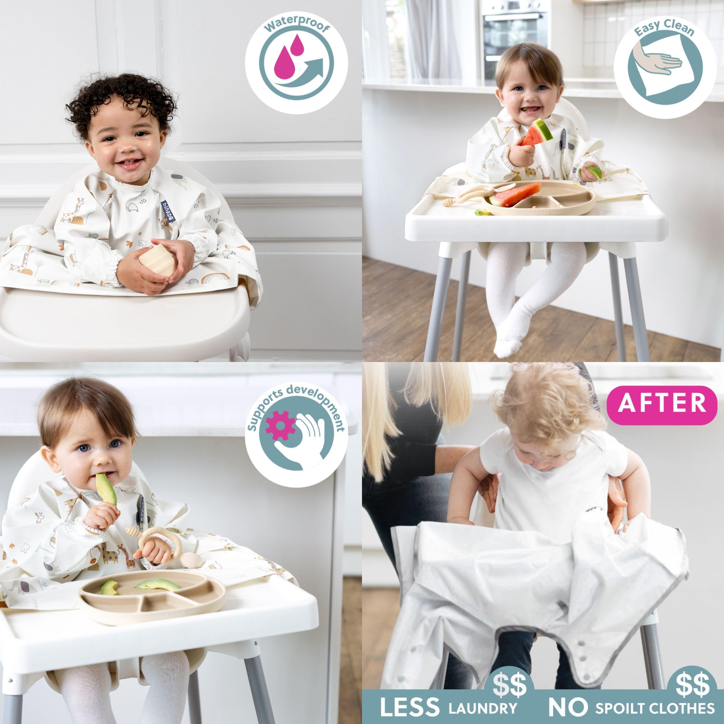 BIBaDO Bavaglino per lo Svezzamento per Bambino Unisex, Si Attacca al Seggiolone e al Tavolo, Con Maniche Impermeabili che Catturano il Cibo.