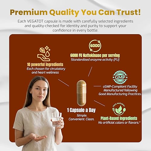 Miniatura 6 de VEGATOT Complejo orgánico de nattoquinasa  Fórmula 10 en 1 vitamina D3, niacina, vitamina K2, zinc, CoQ10, quercetina  Fabricado en los Estados