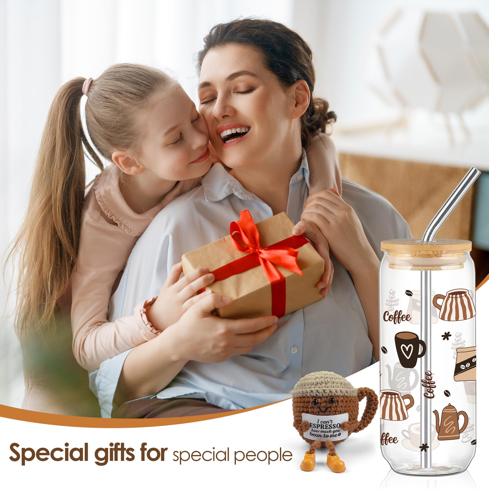 Joeyan Set Regalo per Persona Speciale – Supporto Emotivo all'Uncinetto e Tumbler Vetro 20oz Coperchio Cannuccia per Caffè Freddo, Regalo Compleanno per Amanti Caffè, Uomo e Donna