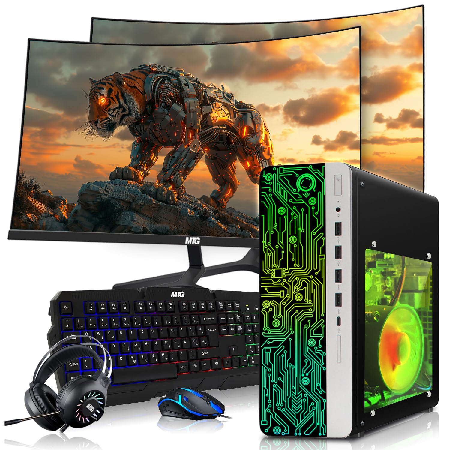 HP Gaming PC Desktop Computer – AMD Pro A10-9700,RX 550 Graphics,16GB RAM,1TB SSD,Dual 27 Inch Curved Monitor,RGB Keyboard with AI Copilot,Mouse,WiFi,
