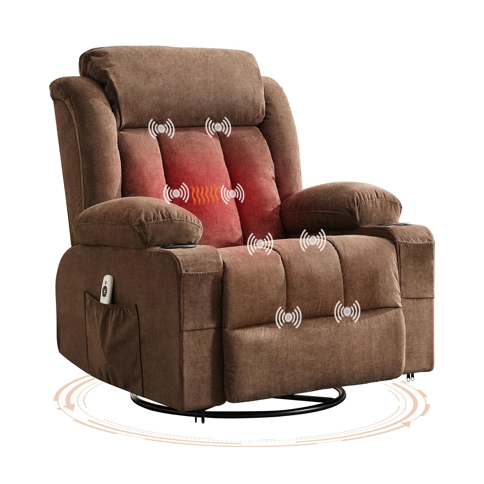 Oversized Swivel Rocker Brown Recliner Chair with Heat & Massage, 3-Position Adjustable Nursery Recliner for Adults, Dual Cup Holders, Side Pockets,