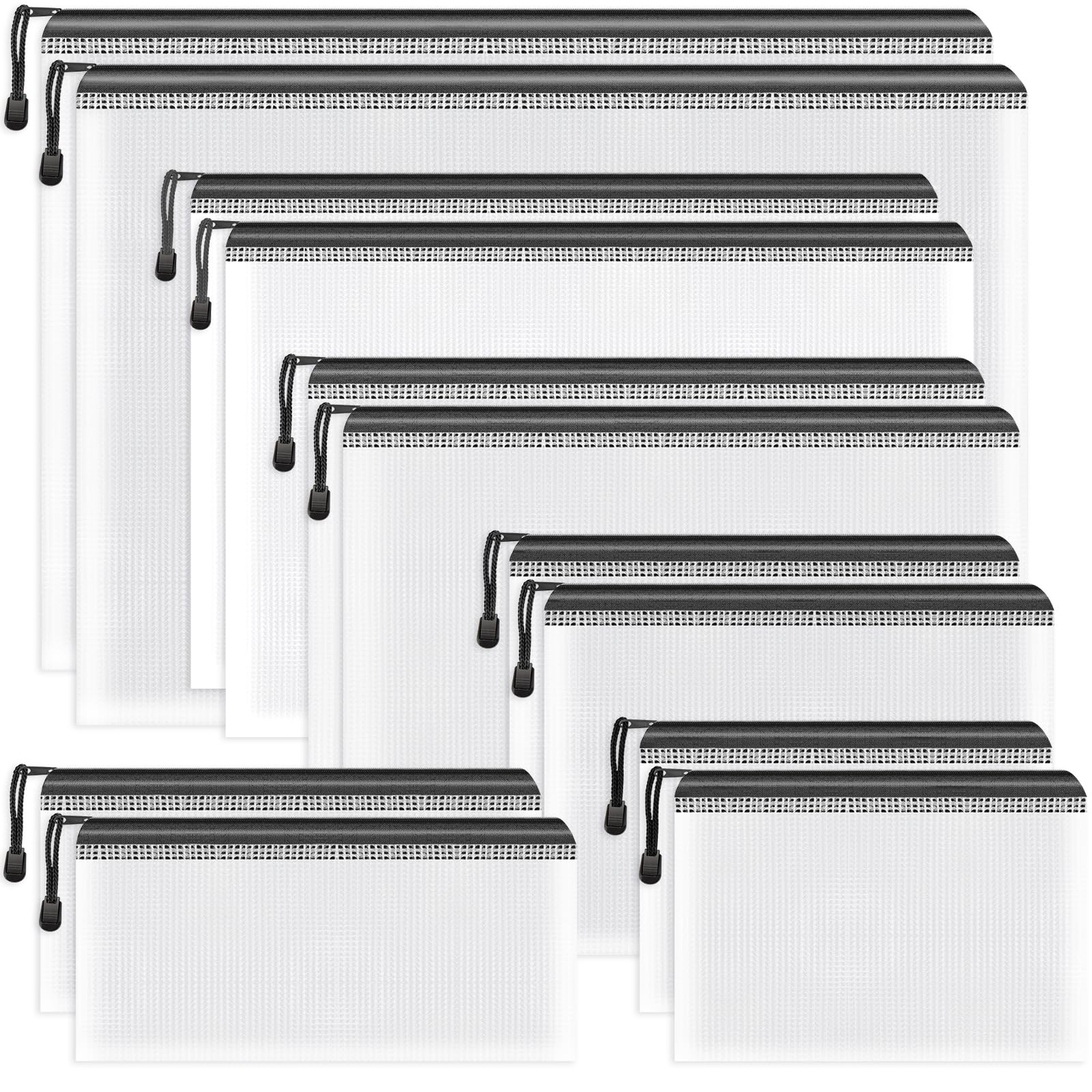 Umriox Zipper Bags, 6 Assorted Size (Black, 12 Packs), Project Bags for Cross Stitch, Mesh Zipper Pouch for Office Supplies Travel Accessories and