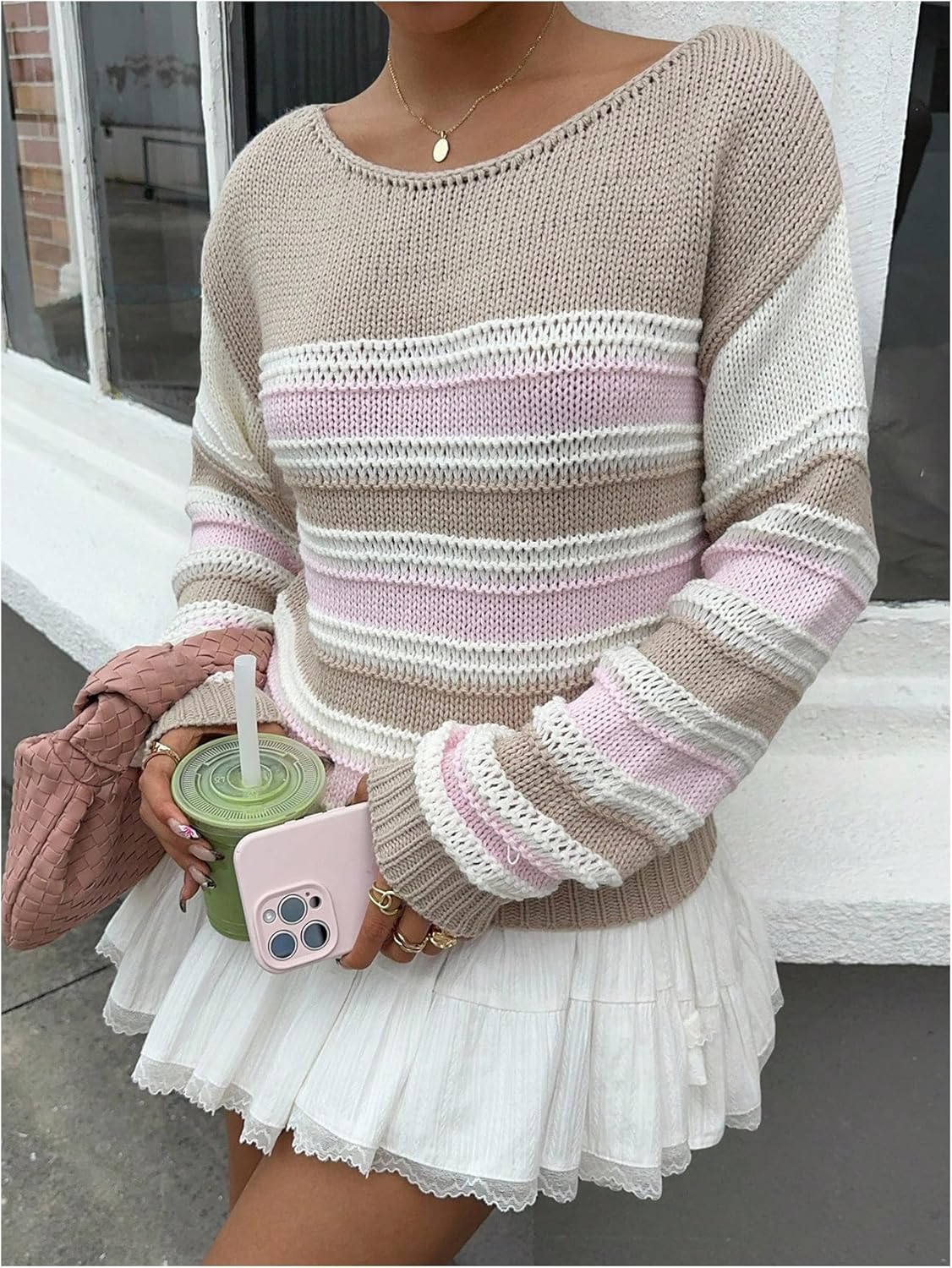 Floerns Women's Striped Long Sleeve Sweaters Boat Neck Fall Outfit Hollow Out Pullover Tops - Image 5