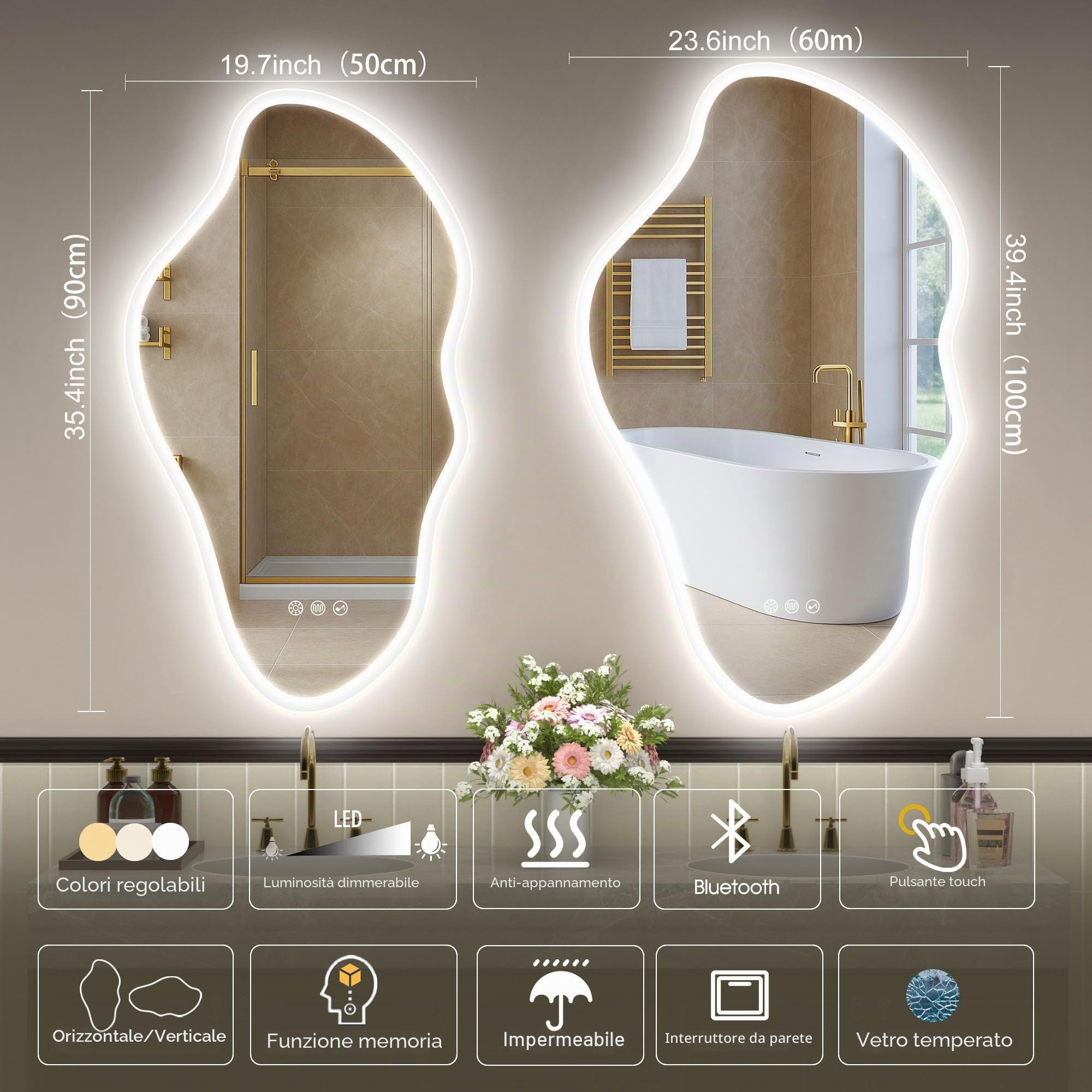 STARLEAD 100x60cm Irregolare Specchio-Bagno-con-Luce e Bluetooth, Asimmetrico Specchiera-Bagno con Dimmerabile, 3 Colori Luce, Antifog, Memoria, IP44, HD Vetro Temperato, Orizzontale/Verticale