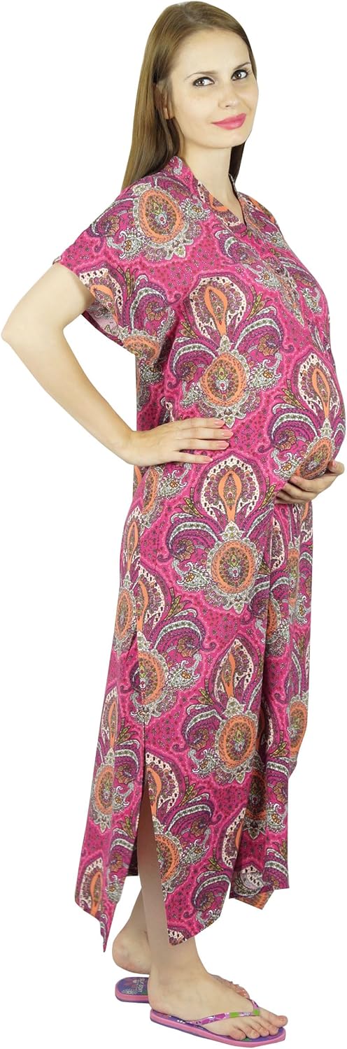 Bimba Maternity Hospital Kaftan Belt Nursing Night Gown, Front & Back Buttons Pink