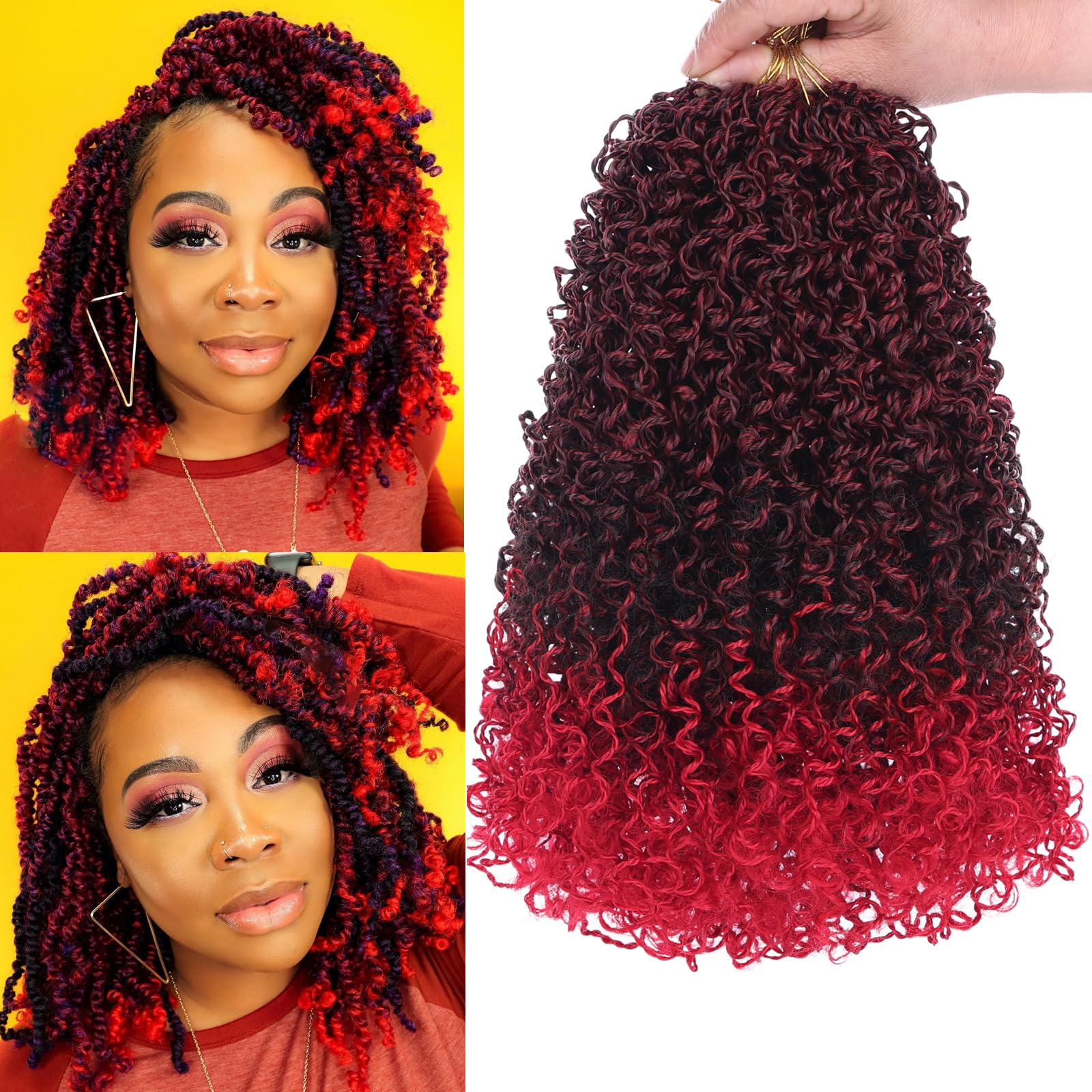 Unionbeauty Pre-wisted Yanky Twist Crochet Hair 12 Inch 8 Bundles Pre-Looped Passion Twist Crochet Braid with Bouncy Ombre Red Micro Spring Twist Hair Synthetic Crochet Braids Hair Extensions TRed#