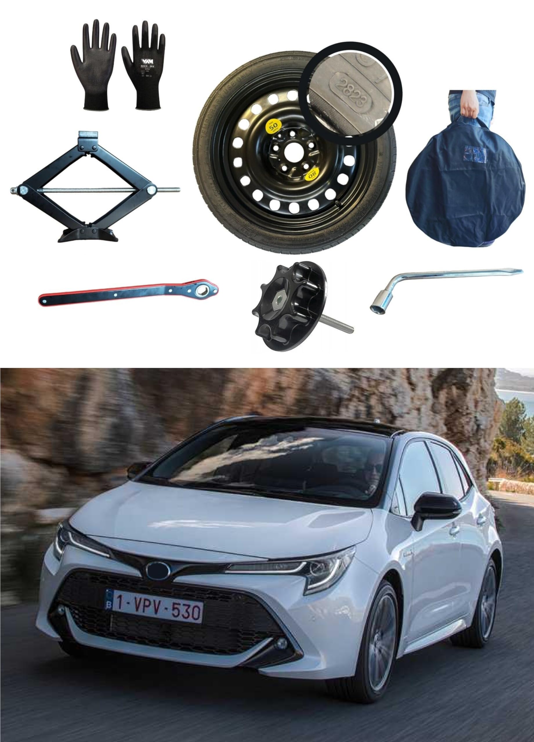 Kit de Rueda de Repuesto 17" compatible con Toyota Corolla con Gato, Llave, Guantes, Tornillo y Funda125/70R17