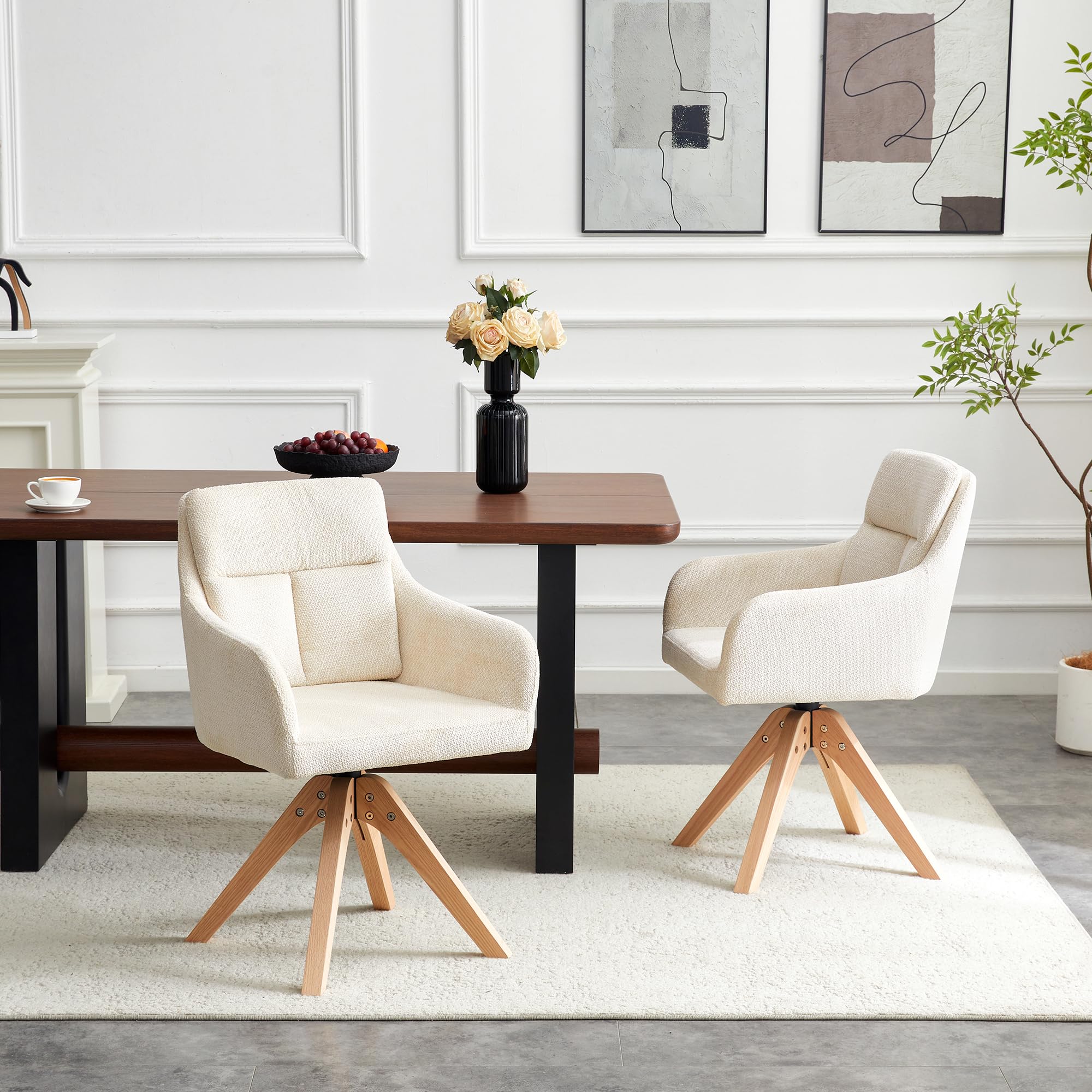 Bladez Juego de 2 sillas de comedor giratorias Bouclé con respaldo alto, silla giratoria de 360°, tela estructural con patas de madera maciza, sillas tapizadas para cocina, salón, color beige