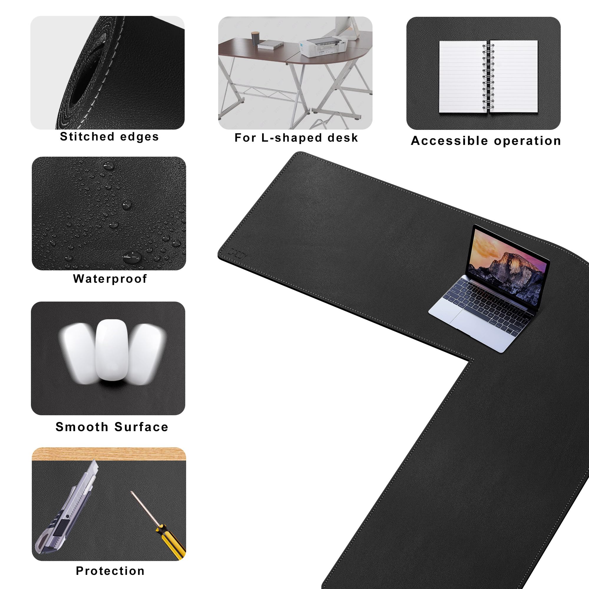 Cacoy L-förmiger Schreibtischunterlage, PU-Leder Ecke Computer Tischunterlage, 150 x 160 x 50 cm L-Form Gaming Mauspad, Großes Wasserdicht Schreibtischunterlage (Schwarz)