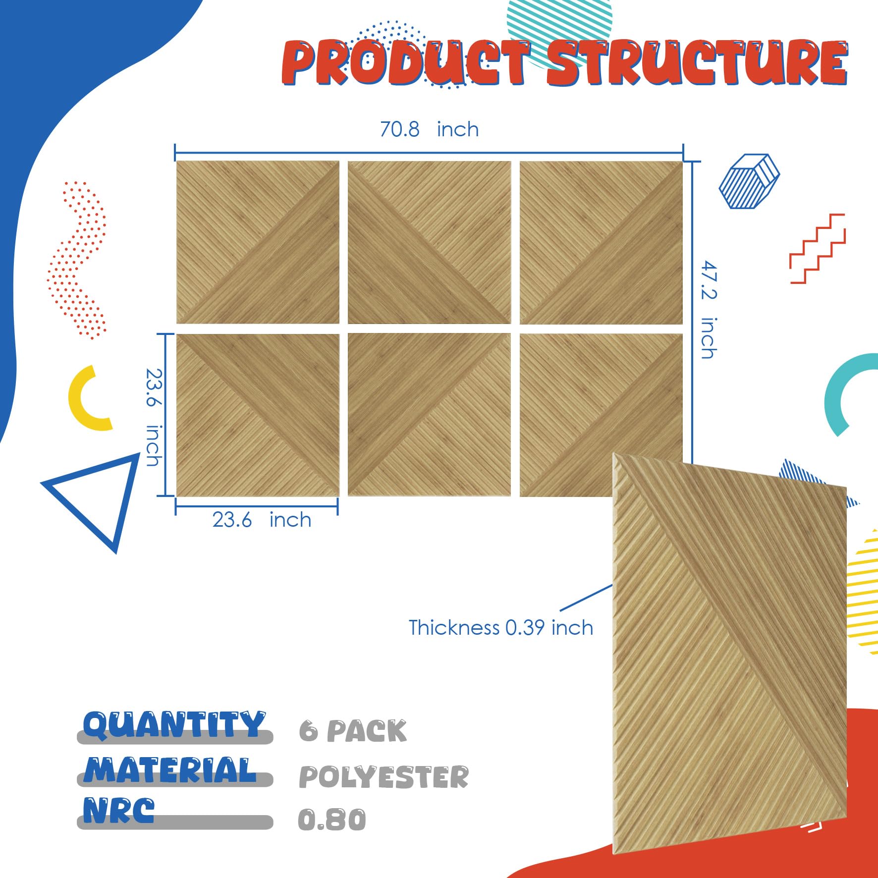 Pannelli acustici, confezione da 6 pannelli insonorizzanti, 50 x 50 cm, grandi, decorativi fonoassorbenti, trattamento acustico, autoadesivi, per casa, studio, ufficio, Light SymmetryLuxe