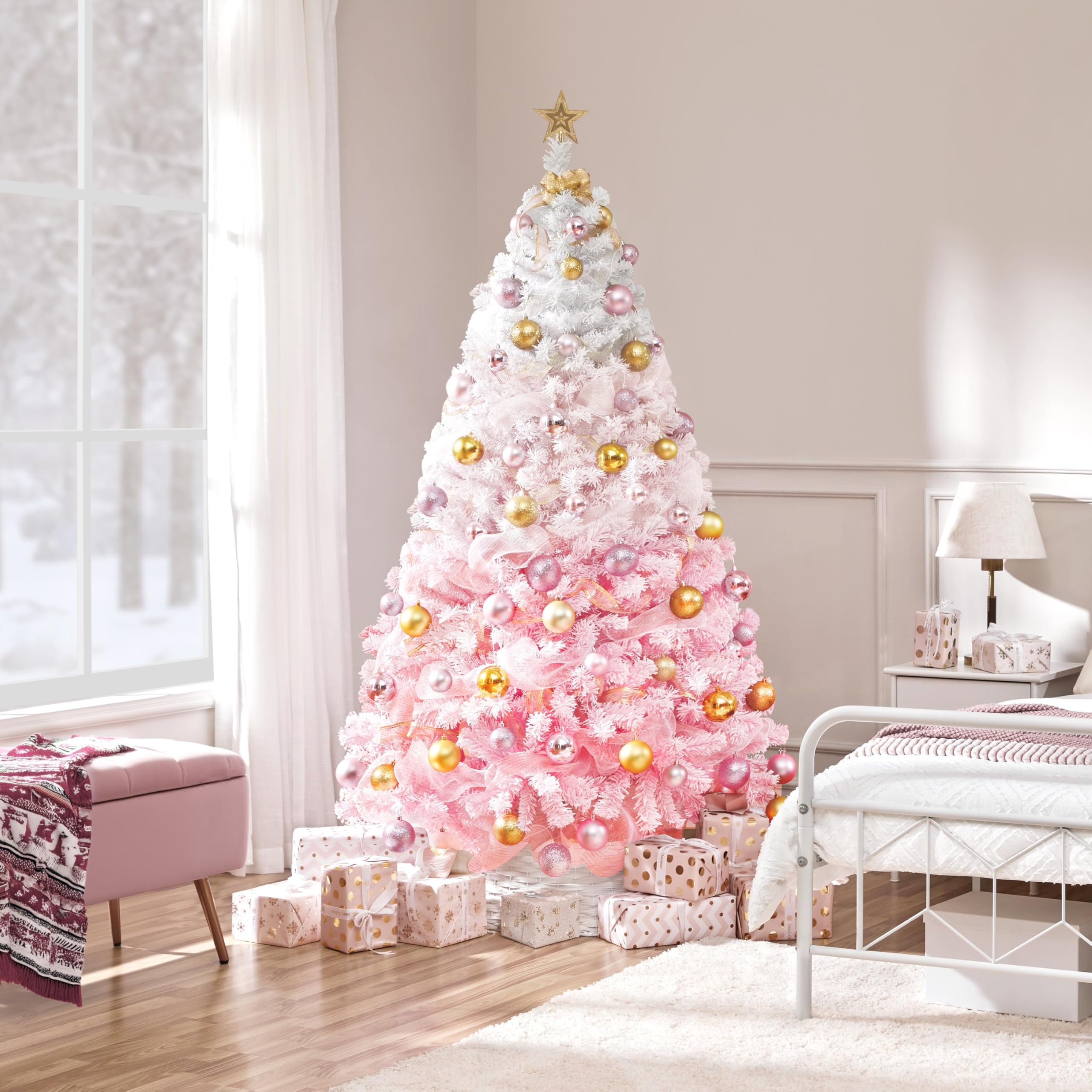 Yaheetech 6ft Pre-lit Artificial Christmas Tree with 250 Incandescent Warm White Lights, Snow Flocked Full Prelighted Xmas Tree with 820 Branch Tips & Foldable Stand, Pink Gradient