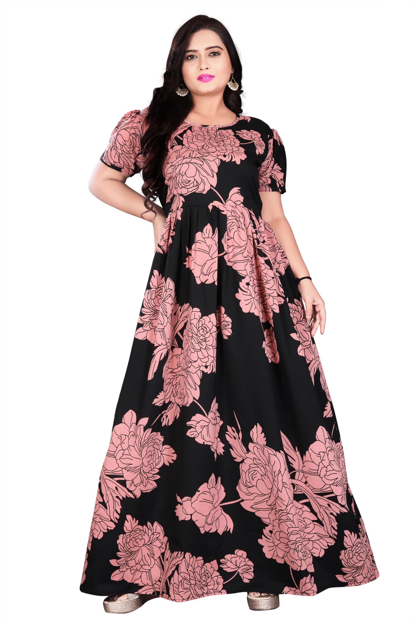 Women's Printed Poly Crepe Anarkali Dress | Fit & Flare Western One Piece Long Dress | Round Neck Short Sleeves | Comfortable Casual Wear Frock-image-41
