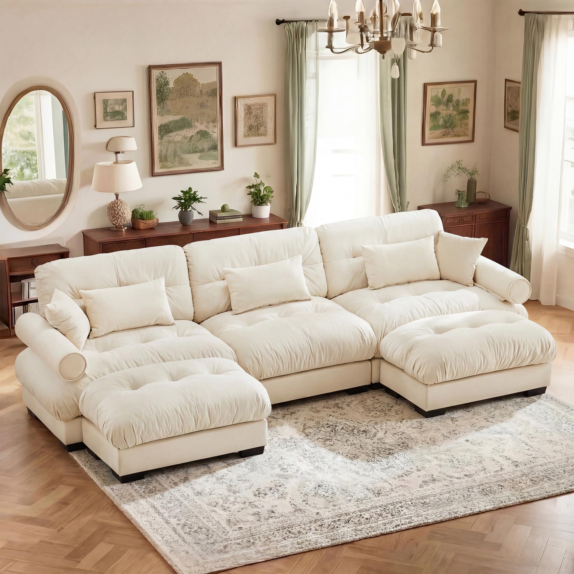 130" Modular Sectional Cloud Couch, Oversized 3-Seater Couch with 2 Ottoman, Comfy Velvet Fluffy Sofa, Deep Seat L Shaped Sectional Couches for Living